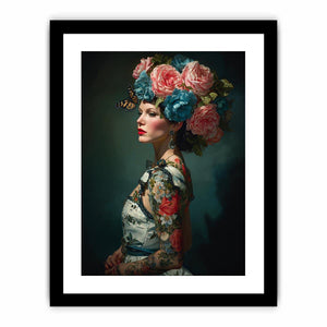 Luxury floral woman portrait canvas art with butterflies for elegant bedroom decor.