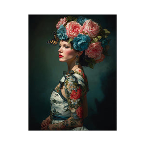 Luxury floral woman portrait canvas art with butterflies for elegant bedroom decor.