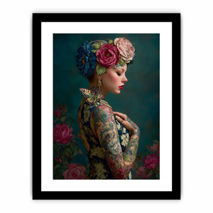 Elegant floral portrait canvas art with butterfly and teal tones for luxury bedroom decor.