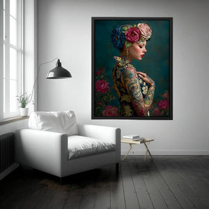 Elegant floral portrait canvas art with butterfly and teal tones for luxury bedroom decor.