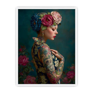 Elegant floral portrait canvas art with butterfly and teal tones for luxury bedroom decor.