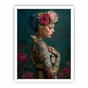 Elegant floral portrait canvas art with butterfly and teal tones for luxury bedroom decor.