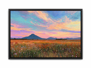 Pastel mountain landscape canvas art with meadow and sunset sky for modern living room decor.