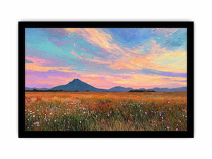 Pastel mountain landscape canvas art with meadow and sunset sky for modern living room decor.