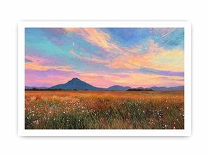 Pastel mountain landscape canvas art with meadow and sunset sky for modern living room decor.