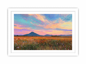 Pastel mountain landscape canvas art with meadow and sunset sky for modern living room decor.
