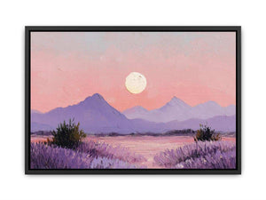 Soft lavender moon mountain canvas art for peaceful bedroom and nursery decor.