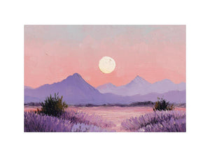 Soft lavender moon mountain canvas art for peaceful bedroom and nursery decor.