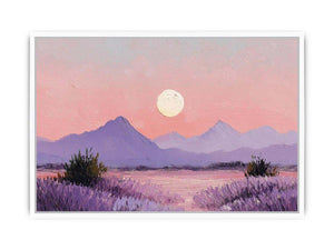 Soft lavender moon mountain canvas art for peaceful bedroom and nursery decor.