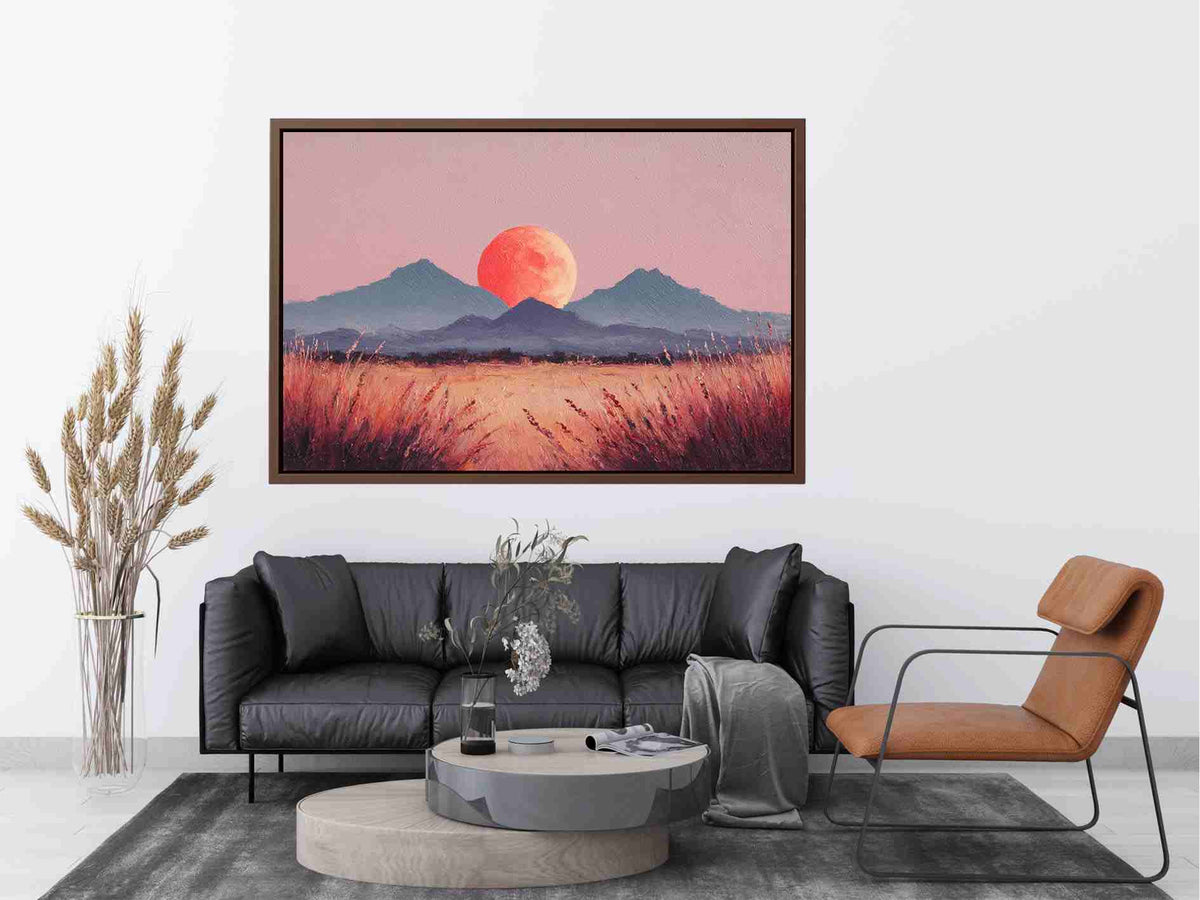 Coral moon mountain canvas art with warm desert grasses for modern bedroom decor.