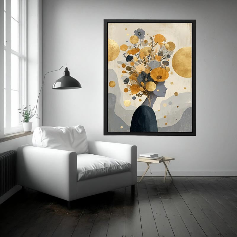 Modern floral silhouette canvas art with gold accents for elegant hallway or bedroom decor.
