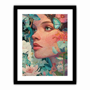 Floral woman portrait canvas art with butterflies for colourful bedroom or creative studio decor.