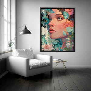Floral woman portrait canvas art with butterflies for colourful bedroom or creative studio decor.