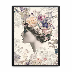 Vintage floral woman portrait canvas art for romantic bedroom and hallway decor.