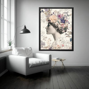 Vintage floral woman portrait canvas art for romantic bedroom and hallway decor.