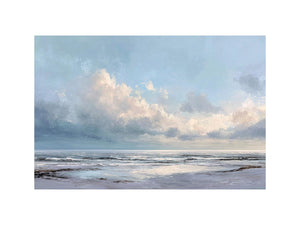 Soft coastal ocean canvas art with pale clouds for calm living room or bedroom decor.