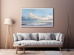 Soft coastal ocean canvas art with pale clouds for calm living room or bedroom decor.