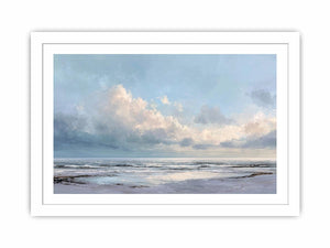 Soft coastal ocean canvas art with pale clouds for calm living room or bedroom decor.