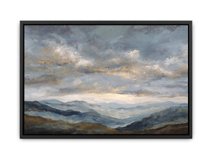 Moody blue mountain landscape canvas art for a modern living room.
