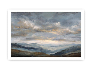Moody blue mountain landscape canvas art for a modern living room.
