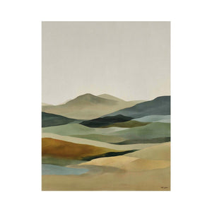 Soft abstract highland landscape canvas art for calm bedroom styling.