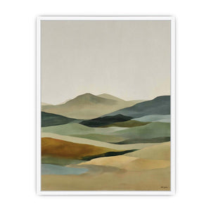 Soft abstract highland landscape canvas art for calm bedroom styling.
