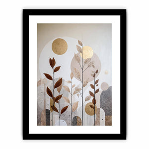 Warm botanical abstract canvas art with gold accents for modern living room decor.