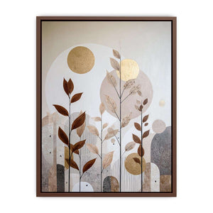 Warm botanical abstract canvas art with gold accents for modern living room decor.