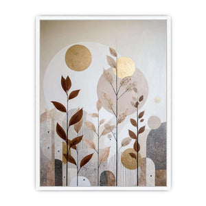 Warm botanical abstract canvas art with gold accents for modern living room decor.