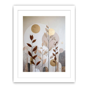 Warm botanical abstract canvas art with gold accents for modern living room decor.