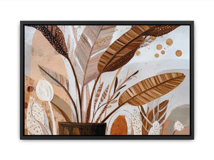 Earthy tropical leaves canvas art for warm boho living room decor.
