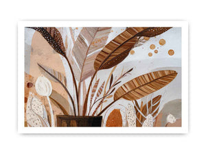 Earthy tropical leaves canvas art for warm boho living room decor.