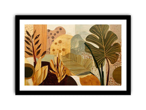 Warm tropical leaf canvas art for earthy living room decor.
