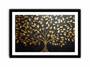 Gold tree canvas wall art on black background for luxury living room decor.
