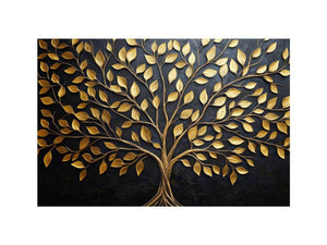 Gold tree canvas wall art on black background for luxury living room decor.