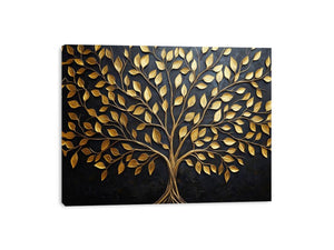Gold tree canvas wall art on black background for luxury living room decor.