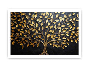 Gold tree canvas wall art on black background for luxury living room decor.