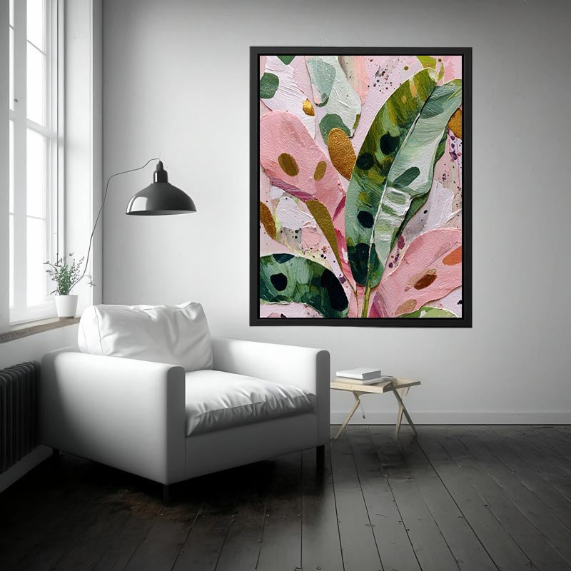 Colorful pink and green botanical canvas art for modern bedroom decor.