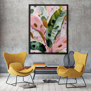 Colorful pink and green botanical canvas art for modern bedroom decor.