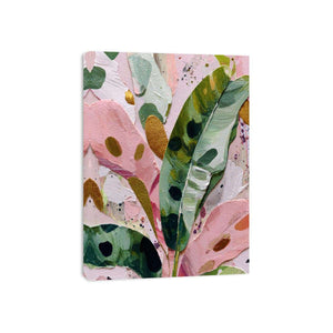 Colorful pink and green botanical canvas art for modern bedroom decor.
