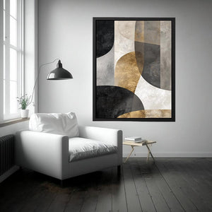 Black grey and gold abstract canvas art for luxury living room decor.