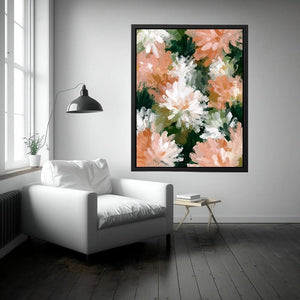 Soft peach and white floral canvas art for elegant bedroom decor.