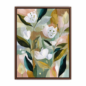 Soft botanical flower canvas art with sage green leaves for bedroom decor.