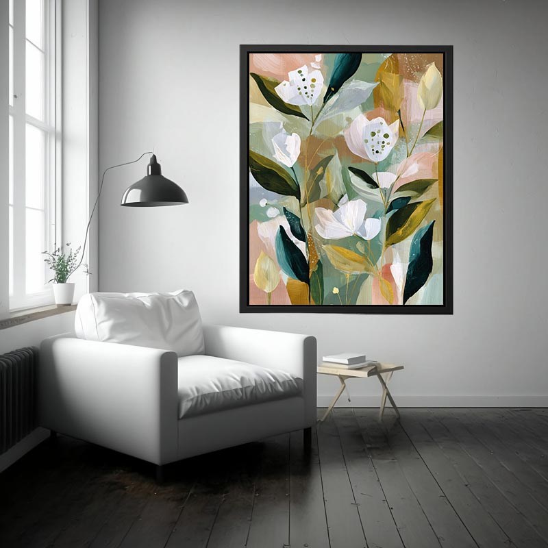 Soft botanical flower canvas art with sage green leaves for bedroom decor.