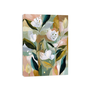 Soft botanical flower canvas art with sage green leaves for bedroom decor.