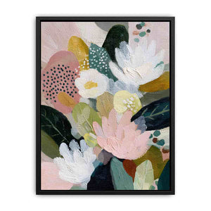 Soft abstract floral canvas art with blush flowers and green leaves for bedroom decor.