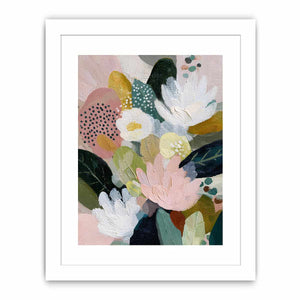 Soft abstract floral canvas art with blush flowers and green leaves for bedroom decor.