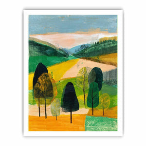 Modern abstract landscape canvas art with trees and green hills for living room decor.