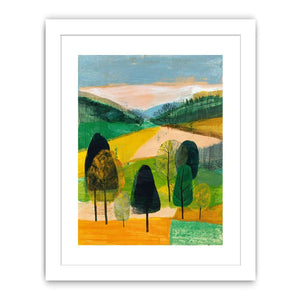 Modern abstract landscape canvas art with trees and green hills for living room decor.