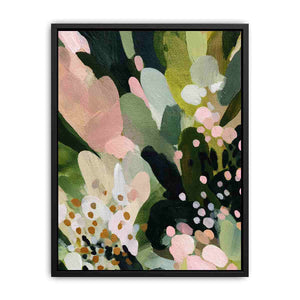 Sage green botanical canvas art with pink florals and leafy abstract details for bedroom decor.